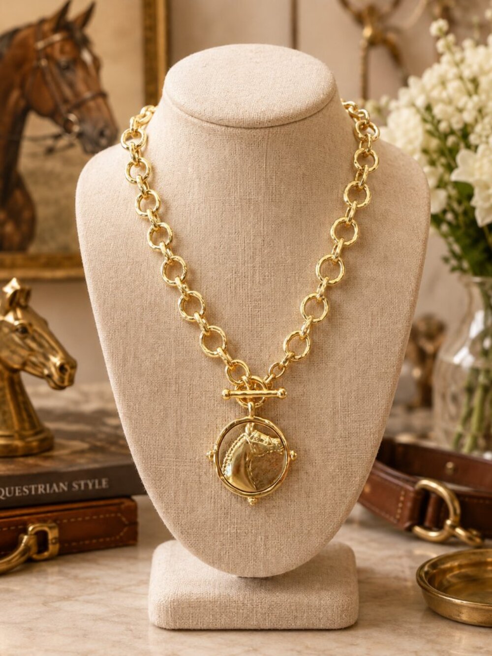 Gold Horse Medallion Necklace, Equestrian Statement Necklace, Chunky Gold Link